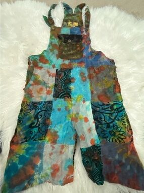 Tie-Dye Patchwork Short Overalls Jumpsuit in Multicolor
